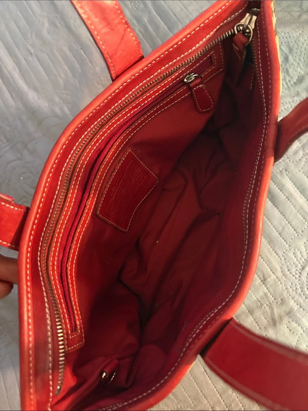 Coach Brown Signature Canvas Tote with Red Leather Trim
